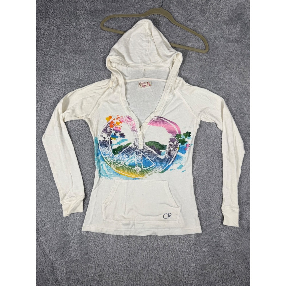 OP Ocean Pacific Hoodie Womens L White Good Peace Sign Rainbow Y2K Surf Thermal